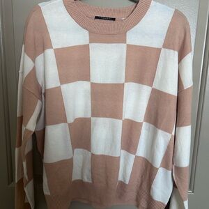 T Tahari Cream and Dusty Pink Checkered Crewneck Sweater